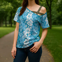 Hawaiian Lei Day Cross Shoulder Shirt Blue Hibiscus Flowers Lei Art - Polynesian Pride