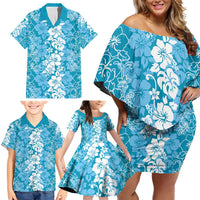 Hawaiian Lei Day Family Matching Off Shoulder Short Dress and Hawaiian Shirt Blue Hibiscus Flowers Lei Art