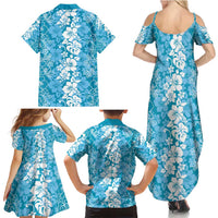 Hawaiian Lei Day Family Matching Summer Maxi Dress and Hawaiian Shirt Blue Hibiscus Flowers Lei Art