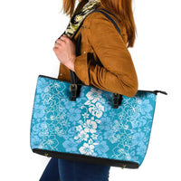 Hawaiian Lei Day Leather Tote Bag Blue Hibiscus Flowers Lei Art