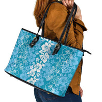 Hawaiian Lei Day Leather Tote Bag Blue Hibiscus Flowers Lei Art