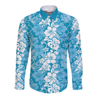 Hawaiian Lei Day Long Sleeve Button Shirt Blue Hibiscus Flowers Lei Art