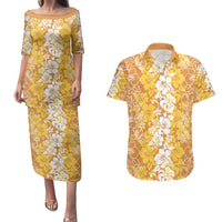 Hawaiian Lei Day Couples Matching Puletasi and Hawaiian Shirt Gold Hibiscus Flowers Lei Art