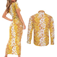 Hawaiian Lei Day Couples Matching Short Sleeve Bodycon Dress and Long Sleeve Button Shirt Gold Hibiscus Flowers Lei Art
