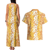 Hawaiian Lei Day Couples Matching Tank Maxi Dress and Hawaiian Shirt Gold Hibiscus Flowers Lei Art