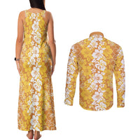 Hawaiian Lei Day Couples Matching Tank Maxi Dress and Long Sleeve Button Shirt Gold Hibiscus Flowers Lei Art