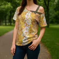 Hawaiian Lei Day Cross Shoulder Shirt Gold Hibiscus Flowers Lei Art - Polynesian Pride