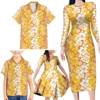 Hawaiian Lei Day Family Matching Long Sleeve Bodycon Dress and Hawaiian Shirt Gold Hibiscus Flowers Lei Art