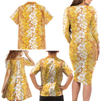 Hawaiian Lei Day Family Matching Long Sleeve Bodycon Dress and Hawaiian Shirt Gold Hibiscus Flowers Lei Art
