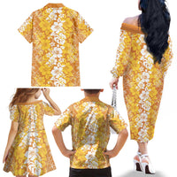 Hawaiian Lei Day Family Matching Off The Shoulder Long Sleeve Dress and Hawaiian Shirt Gold Hibiscus Flowers Lei Art