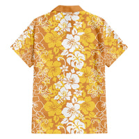 Hawaiian Lei Day Family Matching Off The Shoulder Long Sleeve Dress and Hawaiian Shirt Gold Hibiscus Flowers Lei Art