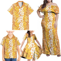 Hawaiian Lei Day Family Matching Off Shoulder Maxi Dress and Hawaiian Shirt Gold Hibiscus Flowers Lei Art