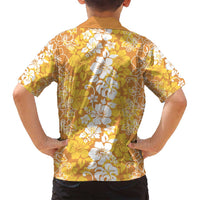 Hawaiian Lei Day Family Matching Off Shoulder Short Dress and Hawaiian Shirt Gold Hibiscus Flowers Lei Art