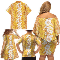 Hawaiian Lei Day Family Matching Off Shoulder Short Dress and Hawaiian Shirt Gold Hibiscus Flowers Lei Art