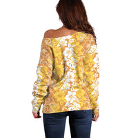 Hawaiian Lei Day Off Shoulder Sweater Gold Hibiscus Flowers Lei Art