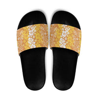 Hawaiian Lei Day Slide Sandals Gold Hibiscus Flowers Lei Art - Polynesian Pride