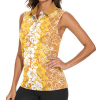 Hawaiian Lei Day Women Sleeveless Polo Shirt Gold Hibiscus Flowers Lei Art