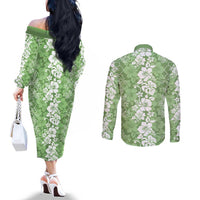 Hawaiian Lei Day Couples Matching Off The Shoulder Long Sleeve Dress and Long Sleeve Button Shirt Green Hibiscus Flowers Lei Art