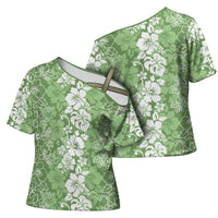 Hawaiian Lei Day Cross Shoulder Shirt Green Hibiscus Flowers Lei Art - Polynesian Pride