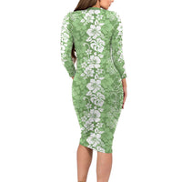Hawaiian Lei Day Family Matching Long Sleeve Bodycon Dress and Hawaiian Shirt Green Hibiscus Flowers Lei Art