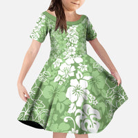 Hawaiian Lei Day Kid Short Sleeve Dress Green Hibiscus Flowers Lei Art
