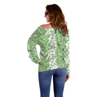 Hawaiian Lei Day Off Shoulder Sweater Green Hibiscus Flowers Lei Art