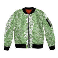 Hawaiian Lei Day Sleeve Zip Bomber Jacket Green Hibiscus Flowers Lei Art