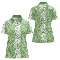 Hawaiian Lei Day Women Polo Shirt Green Hibiscus Flowers Lei Art