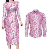 Hawaiian Lei Day Couples Matching Long Sleeve Bodycon Dress and Long Sleeve Button Shirt Pink Hibiscus Flowers Lei Art