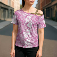 Hawaiian Lei Day Cross Shoulder Shirt Pink Hibiscus Flowers Lei Art - Polynesian Pride