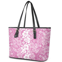 Hawaiian Lei Day Leather Tote Bag Pink Hibiscus Flowers Lei Art