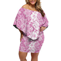 Hawaiian Lei Day Off Shoulder Short Dress Pink Hibiscus Flowers Lei Art