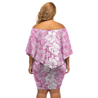 Hawaiian Lei Day Off Shoulder Short Dress Pink Hibiscus Flowers Lei Art