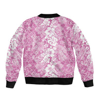 Hawaiian Lei Day Sleeve Zip Bomber Jacket Pink Hibiscus Flowers Lei Art
