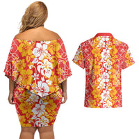 Hawaiian Lei Day Couples Matching Off Shoulder Short Dress and Hawaiian Shirt Red Hibiscus Flowers Lei Art