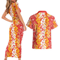 Hawaiian Lei Day Couples Matching Short Sleeve Bodycon Dress and Hawaiian Shirt Red Hibiscus Flowers Lei Art