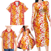 Hawaiian Lei Day Family Matching Long Sleeve Bodycon Dress and Hawaiian Shirt Red Hibiscus Flowers Lei Art
