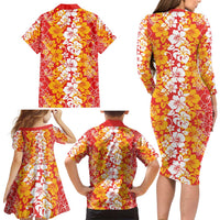 Hawaiian Lei Day Family Matching Long Sleeve Bodycon Dress and Hawaiian Shirt Red Hibiscus Flowers Lei Art