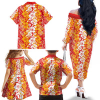 Hawaiian Lei Day Family Matching Off The Shoulder Long Sleeve Dress and Hawaiian Shirt Red Hibiscus Flowers Lei Art