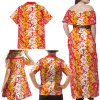 Hawaiian Lei Day Family Matching Off Shoulder Maxi Dress and Hawaiian Shirt Red Hibiscus Flowers Lei Art