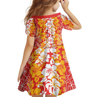 Hawaiian Lei Day Family Matching Off Shoulder Short Dress and Hawaiian Shirt Red Hibiscus Flowers Lei Art