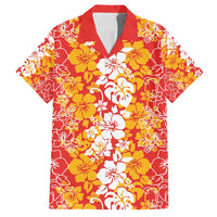 Hawaiian Lei Day Family Matching Off Shoulder Short Dress and Hawaiian Shirt Red Hibiscus Flowers Lei Art
