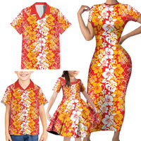 Hawaiian Lei Day Family Matching Short Sleeve Bodycon Dress and Hawaiian Shirt Red Hibiscus Flowers Lei Art