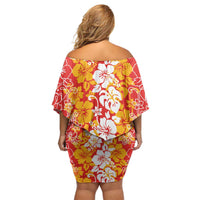 Hawaiian Lei Day Off Shoulder Short Dress Red Hibiscus Flowers Lei Art