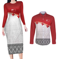 Ikale Tahi Pacific Tonga Rugby Custom Couples Matching Long Sleeve Bodycon Dress and Long Sleeve Button Shirt Tongan Ngatu with Flag Pattern