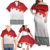 Ikale Tahi Pacific Tonga Rugby Custom Family Matching Off Shoulder Maxi Dress and Hawaiian Shirt Tongan Ngatu with Flag Pattern