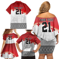 Ikale Tahi Pacific Tonga Rugby Custom Family Matching Off Shoulder Short Dress and Hawaiian Shirt Tongan Ngatu with Flag Pattern