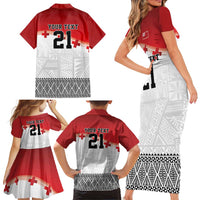 Ikale Tahi Pacific Tonga Rugby Custom Family Matching Short Sleeve Bodycon Dress and Hawaiian Shirt Tongan Ngatu with Flag Pattern
