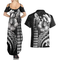 Hawaiian Sea Turtle Couples Matching Summer Maxi Dress and Hawaiian Shirt Black Hibiscus Flowers and Kakau Pattern
