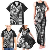 Hawaiian Sea Turtle Family Matching Tank Maxi Dress and Hawaiian Shirt Black Hibiscus Flowers and Kakau Pattern